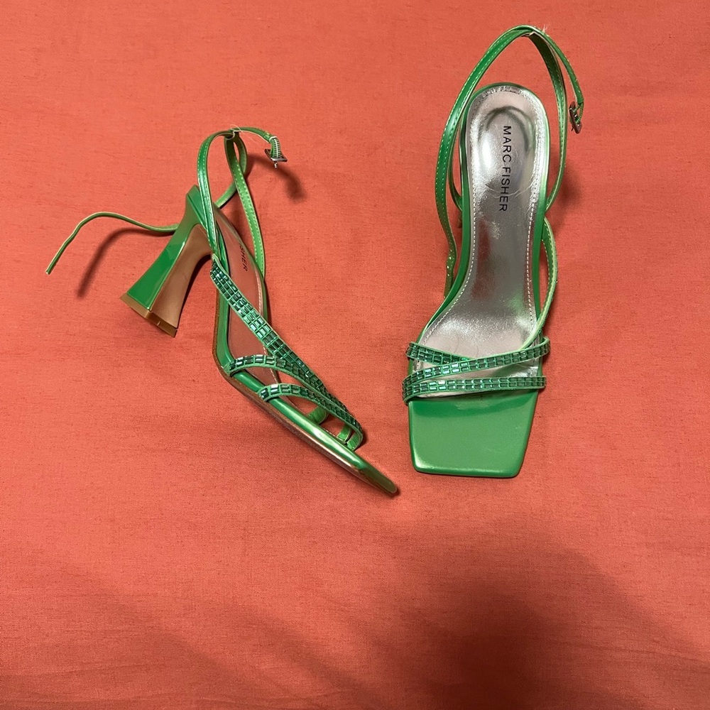 Marc Fisher Bright Green Rhinestone Strappy Block Heel Sandals